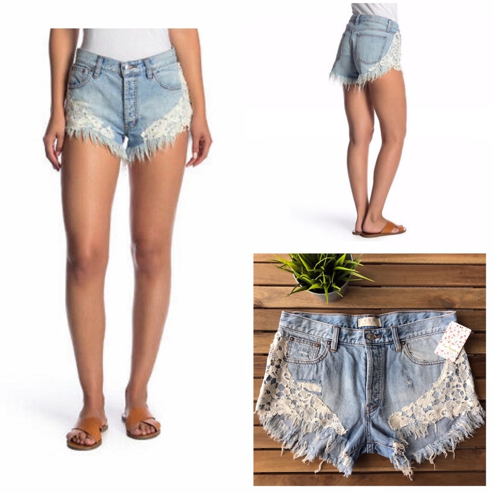 Free People Lace Hem Shorts Denim 28